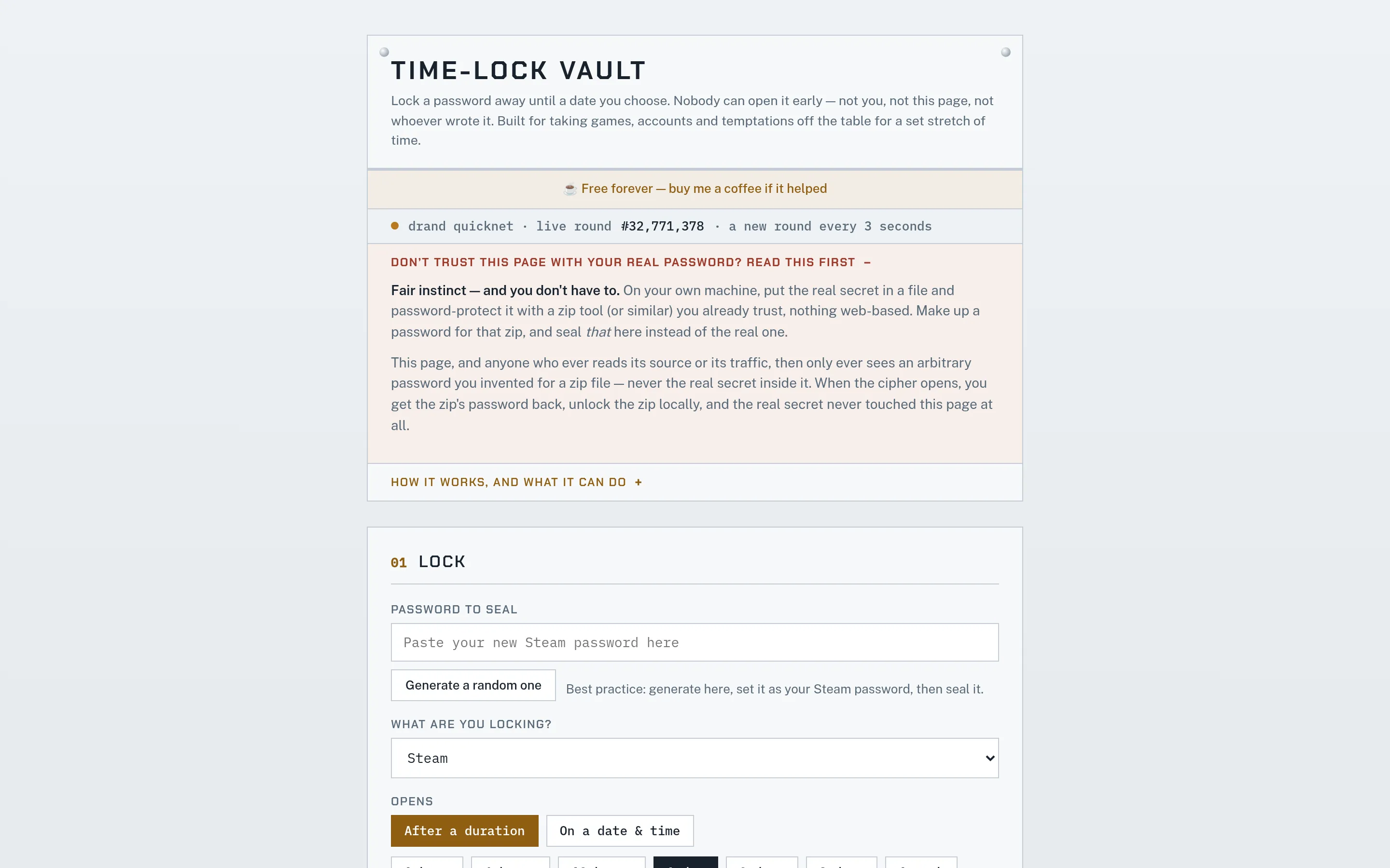 Time-Lock Vault: Sealing a vault — enter a secret or generate one, then set the date it becomes openable.