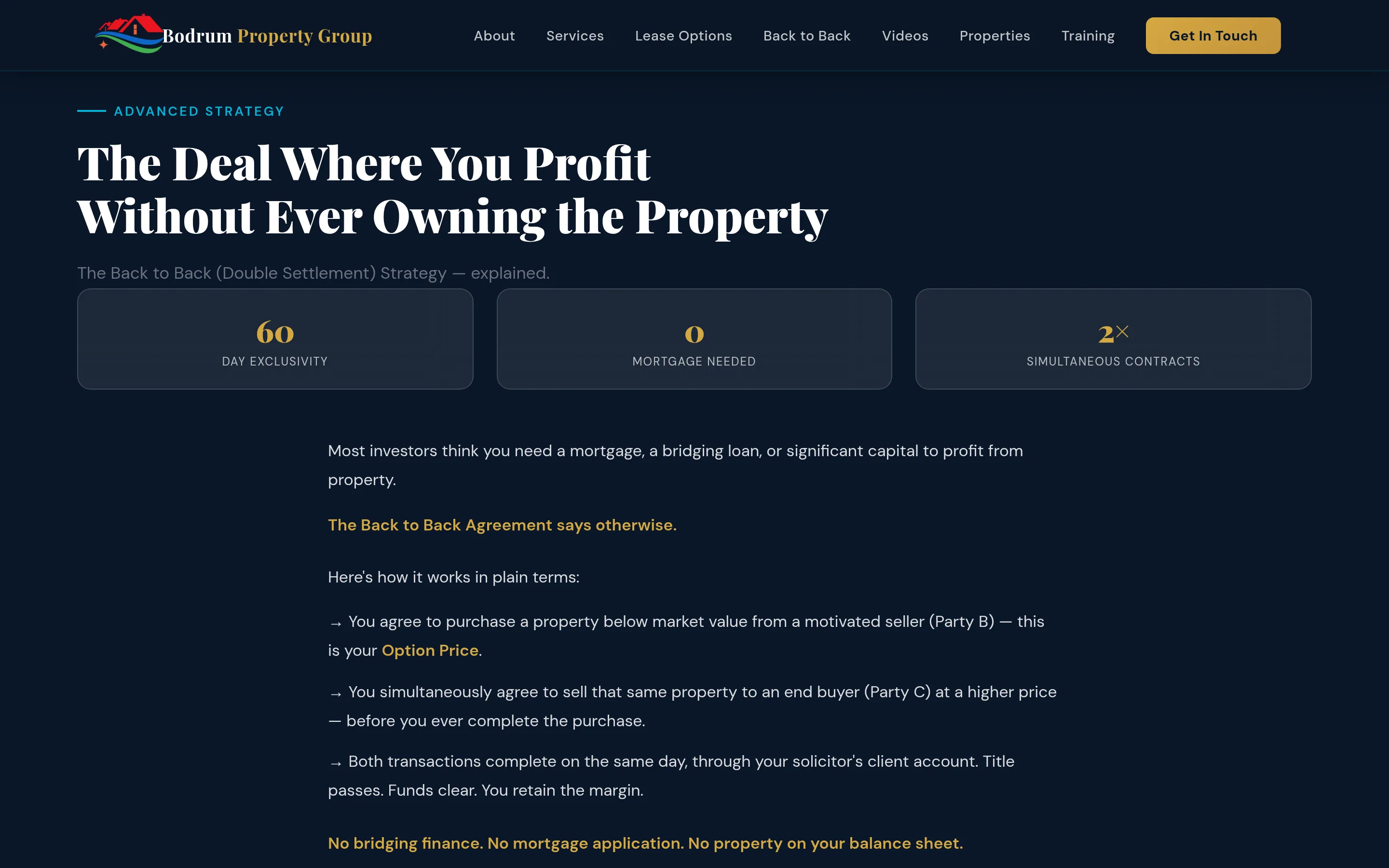 Bodrum Property Group: The Back to Back strategy section, added once it was clear visitors needed the model explained before the numbers meant anything.